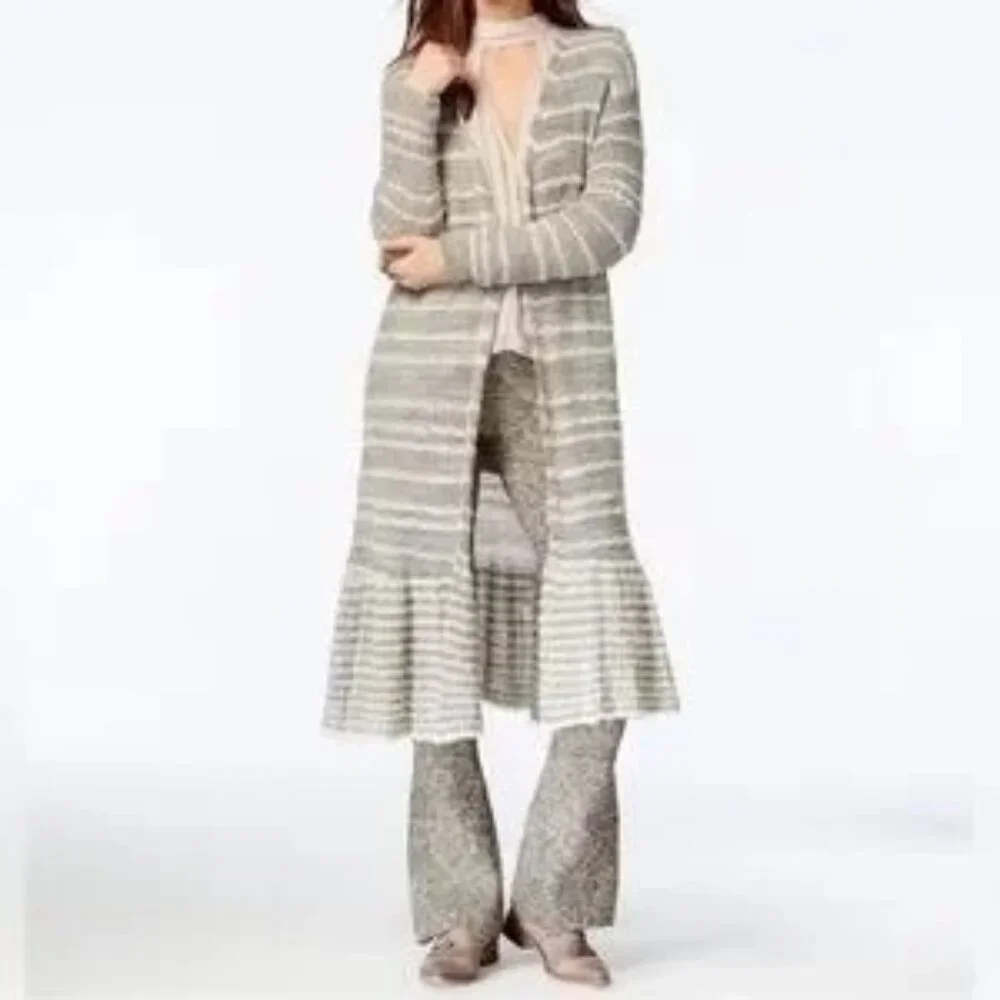 Free People Gray Striped Smile Like You Mean It Open Long Cardigan Duster - Picture 3 of 7